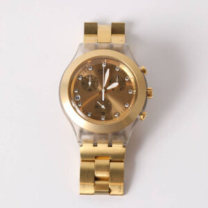 SWATCH Rare Vintage Y2K Gold Chronograph Watch With Rhinestones
